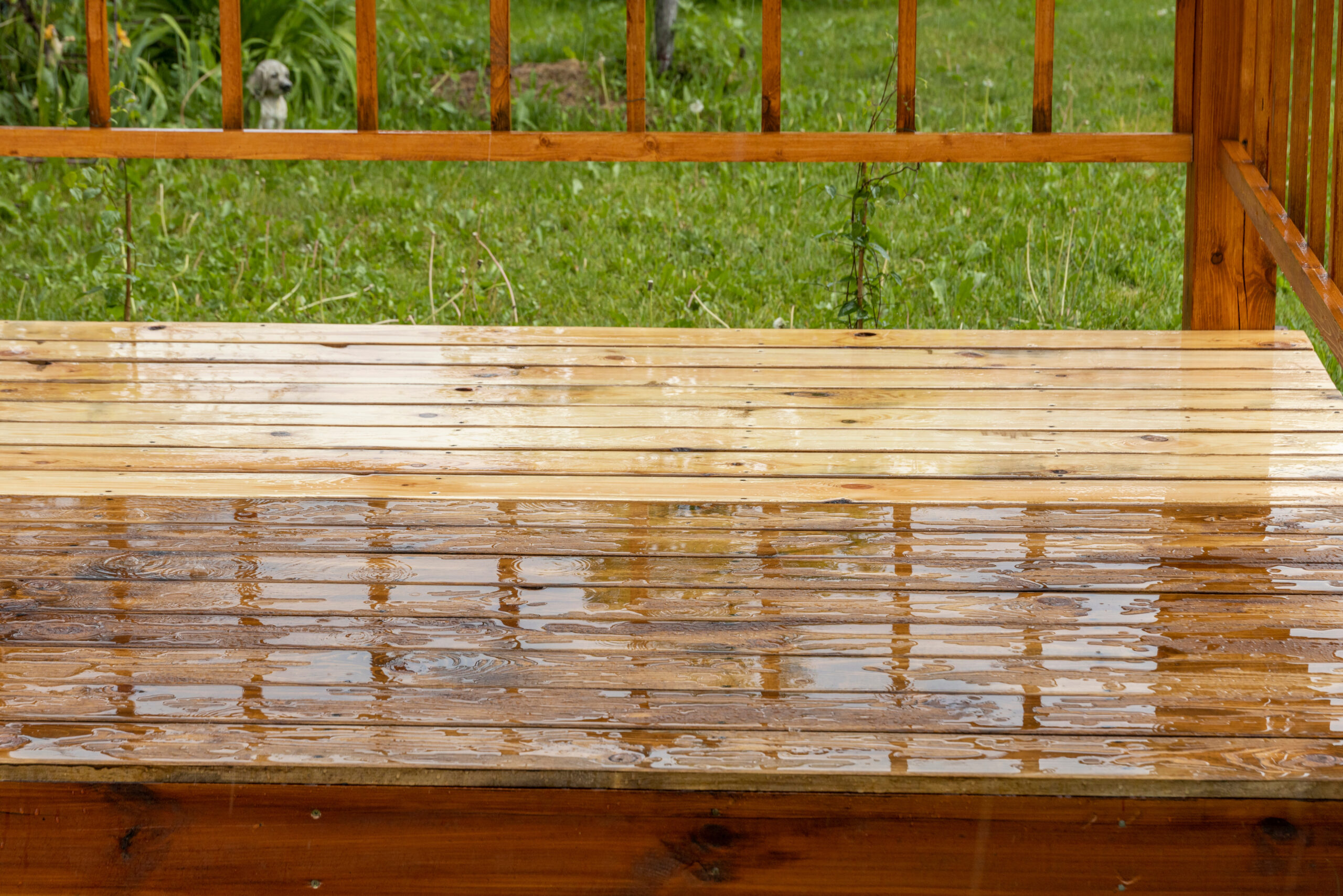 A wood deck with a matching railing in a grassy field. Water covers the deck and makes the wood a darker shade of brown.